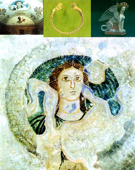 Коллаж находок, фрески и общий вид склепа Деметры